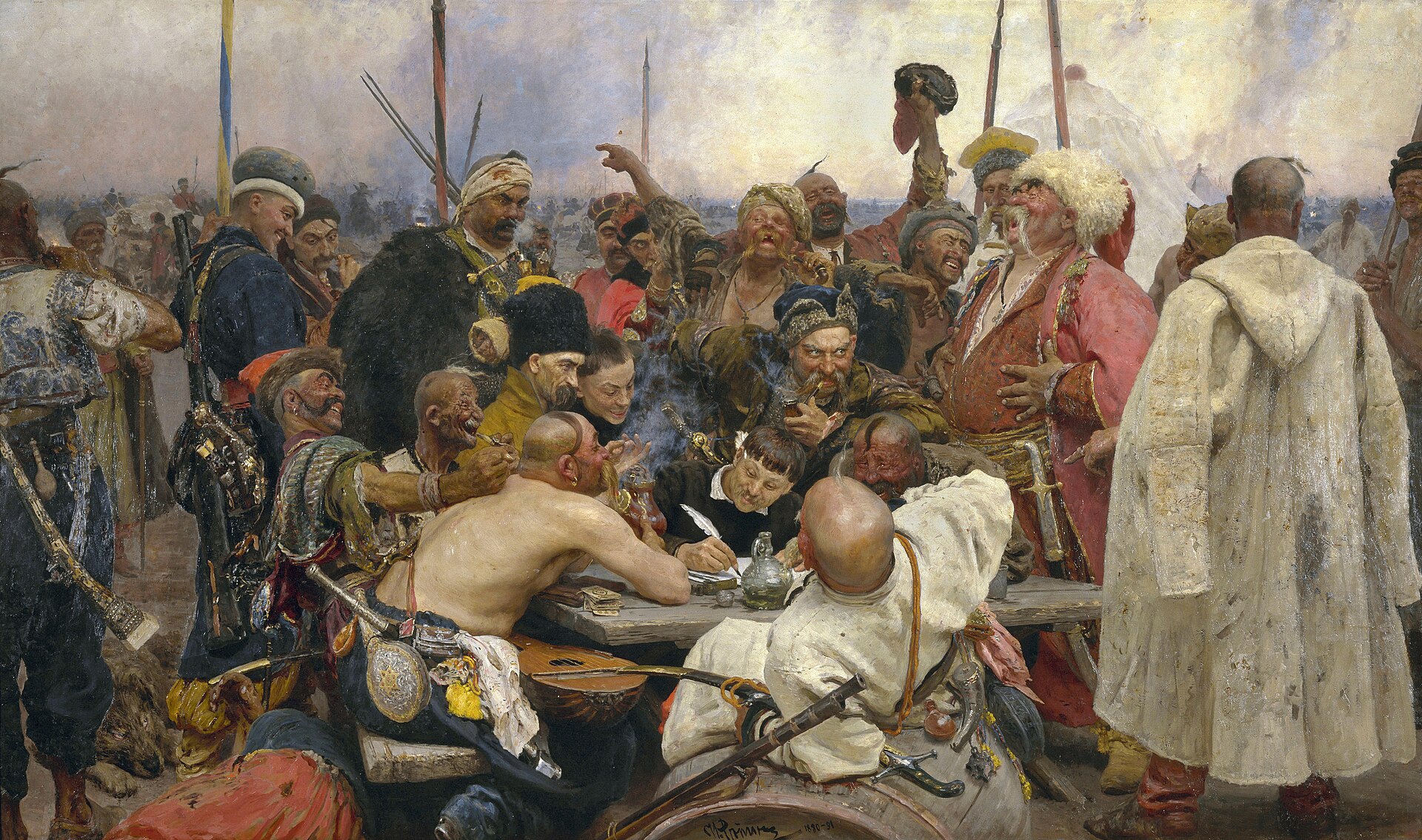 Imagem de referência de Cossacos escrevem carta ao Sultão turco, descrito nos dados abertos como pintura de Ilya Repin