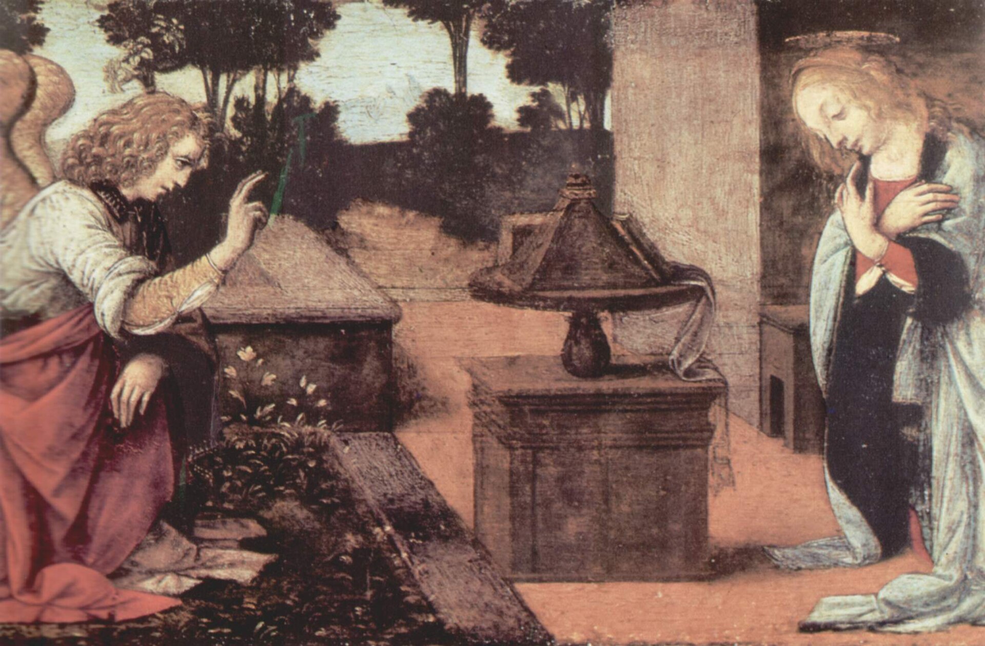 Imagem de referência de Anunciação (Leonardo da Vinci), descrito nos dados abertos como pintura atribuida a Leonardo da Vinci e a Lorenzo di Credi