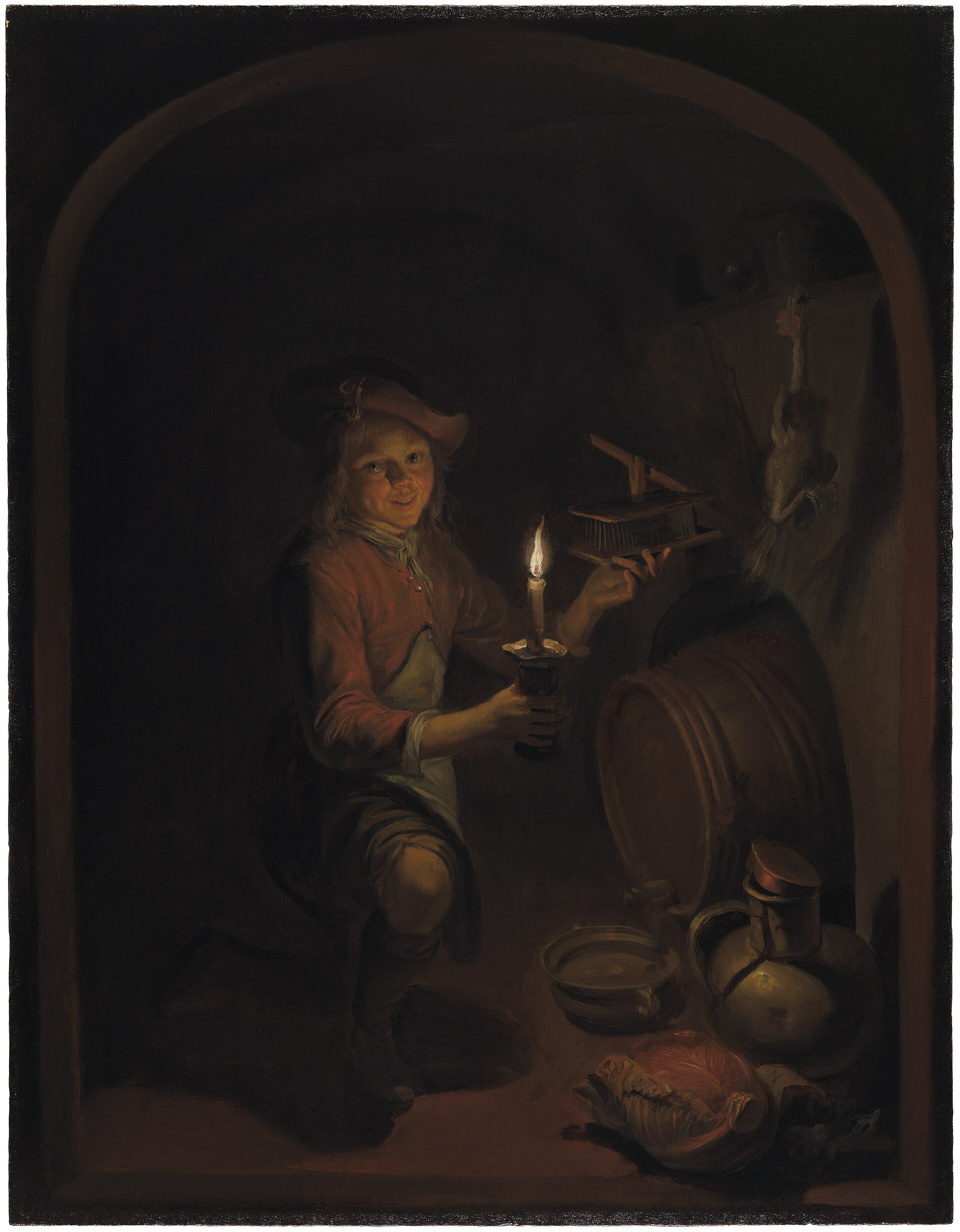 Imagem de referência de Menino com ratoeira à luz de vela, descrito nos dados abertos como pintura de Gerrit Dou