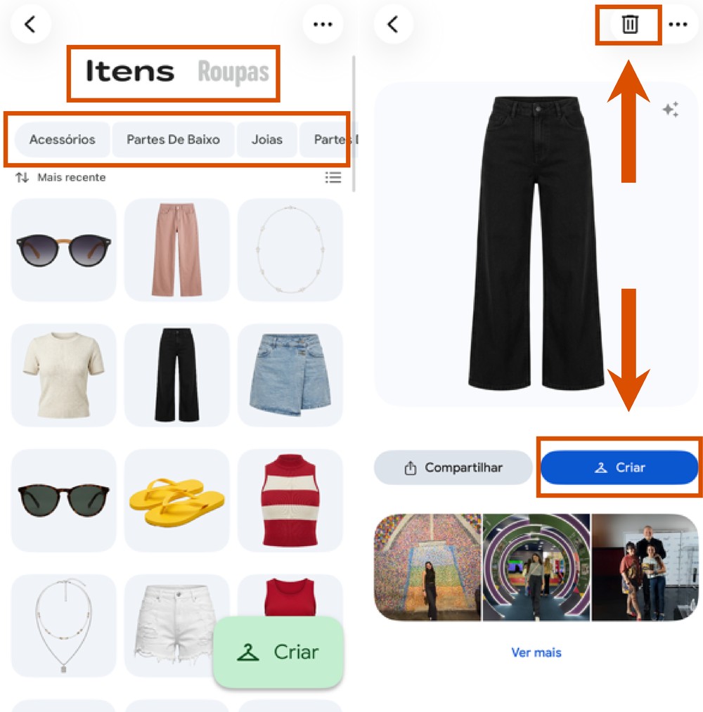 Ao tocar em uma peça, é possível excluí-la do armário virtual ou usá-la para criar um novo look — Foto: Reprodução/Paola Mansur