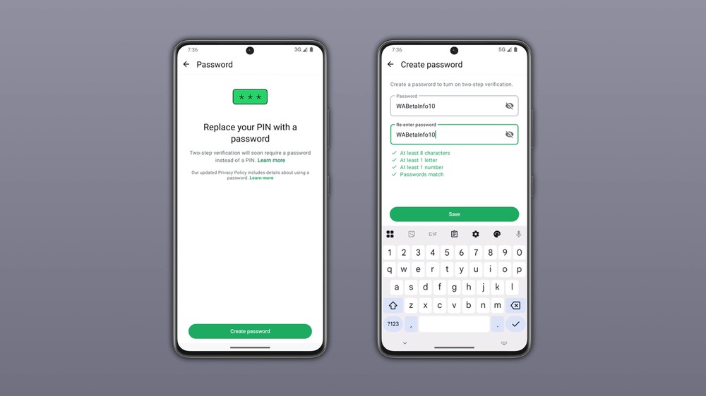 Telas mostram como trocar o PIN da verificação em duas etapas por uma senha e conferir os requisitos antes de salvar — Foto: Reprodução/WABetaInfo