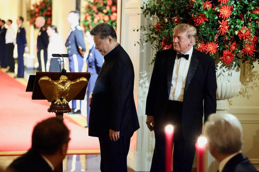 In an opulent ballroom, a friendly faced Donald Trump looks on as Xi Jinping walks over to the lecturn.