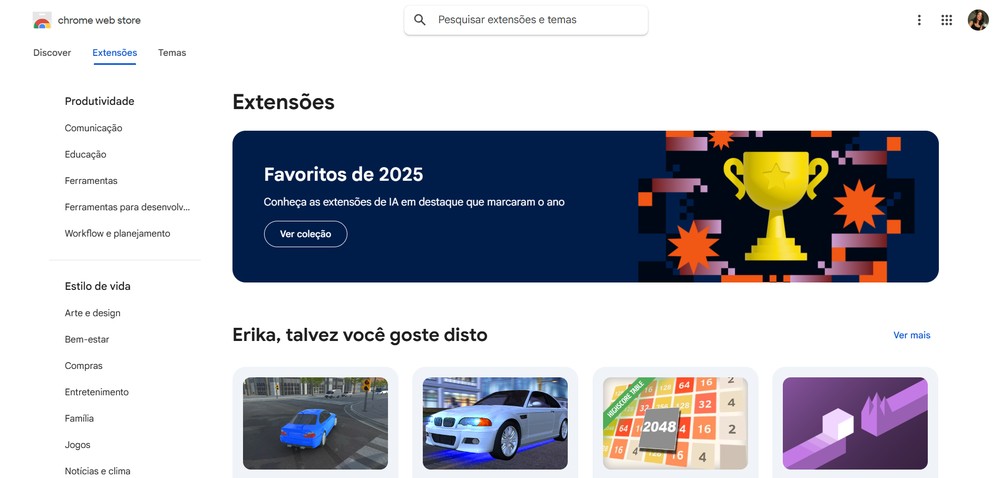 Extensões e personalização do Google Chrome são pontos bem positivos do navegador — Foto: Reprodução/Erika Martins (captura de tela da página do Google)