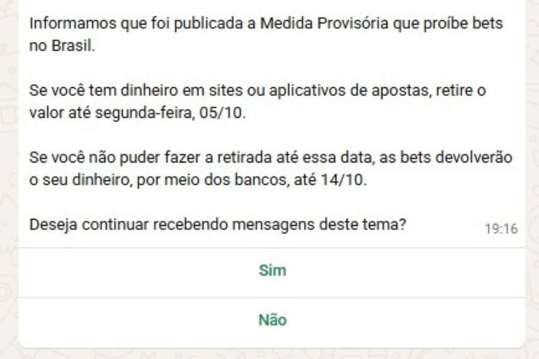 Governo dispara WhatsApp de alerta sobre MP que proíbe apostas