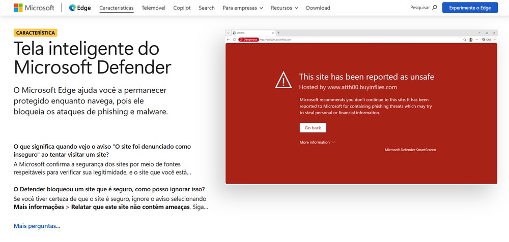 O Microsoft Defender é poderoso contra sites e páginas que comprometem a segurança — Foto: Reprodução/Erika Martins (captura de tela da página do Microsoft Edge)