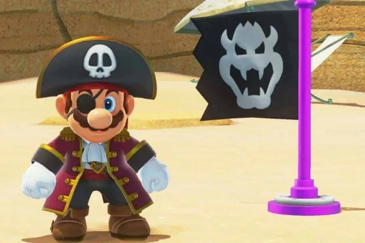 foto colorida do personagem mario vestido de pirata ao lado de bandeira - metrópoles
