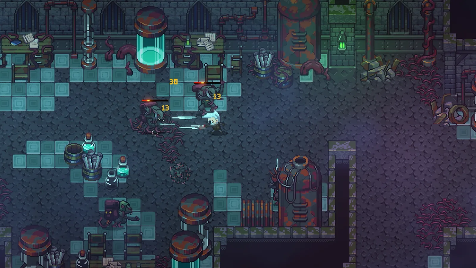 Emberville dungeon screenshot with tentacled creatures inside a ruined underground laboratory