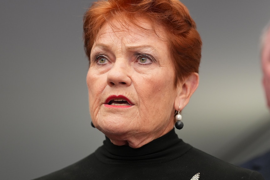a redheaded woman wearing a black turtle neck top speaking at a press conference