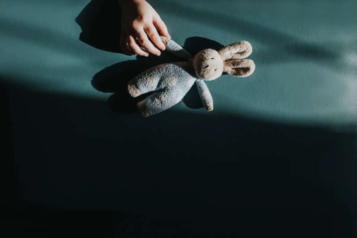 Imagem colorida e escura de mão de criança segurando urso de pelúcia. Casal que matou filha e fez compras durante velório é condenado. - Metrópoles