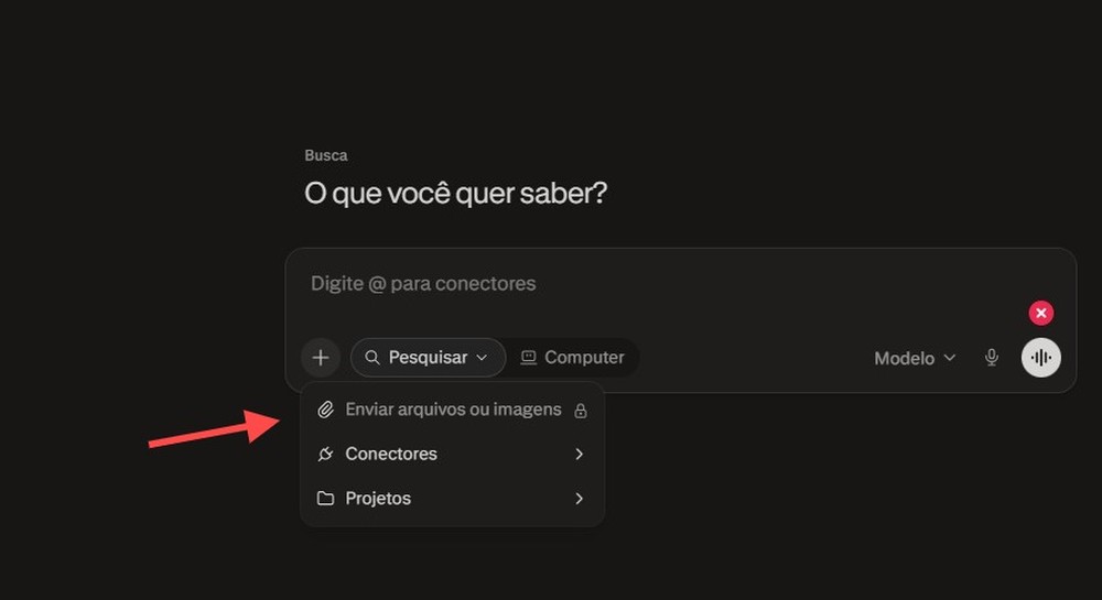 Para anexar um PDF no Perplexity basta clicar no símbolo "+" e escolher o arquivo — Foto: Diedrich Bader/TechTudo