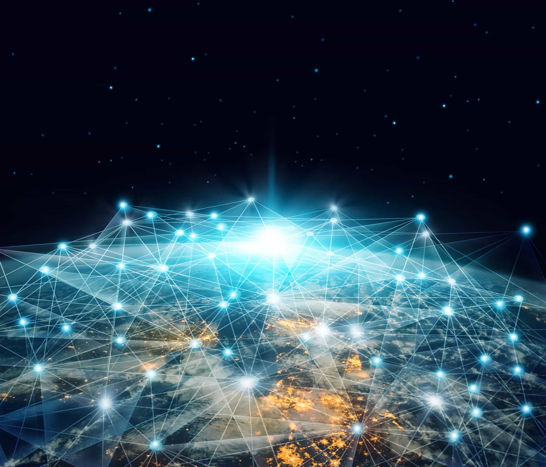 Representação artística de satélites misturados com data centers
