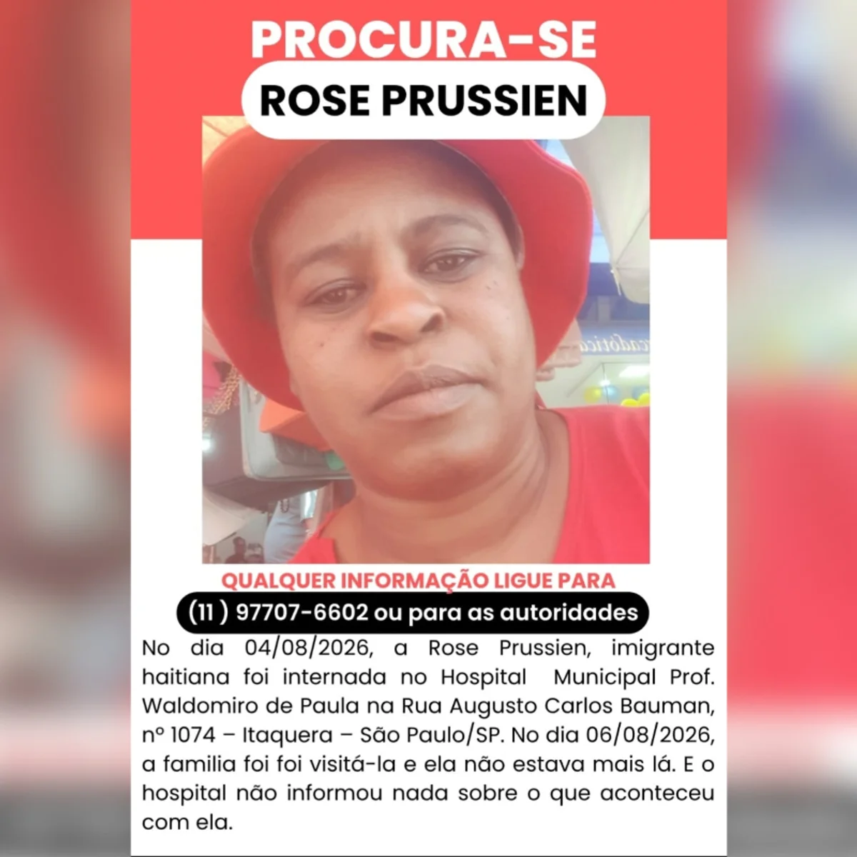 Haitiana está desaparecida há mais de 1 mês após sumir de hospital em SP