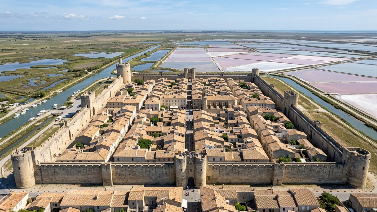 Vista do alto, Aigues-Mortes continua marcada por muralhas do século XIII, áreas alagadas e enormes salinas