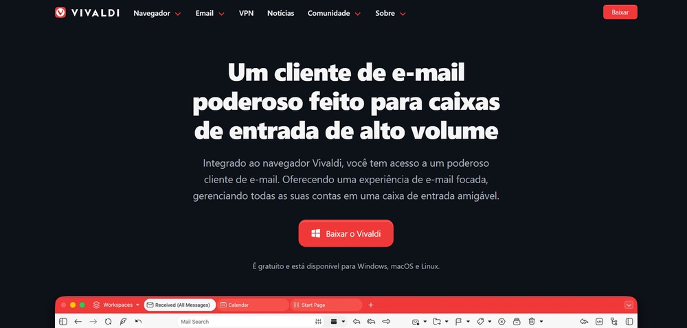 Já o Vivaldi Mail é um ótimo recurso para usuários que optam pelo navegador — Foto: Reprodução/Erika Martins (captura de tela da página do Vivaldi Mail)