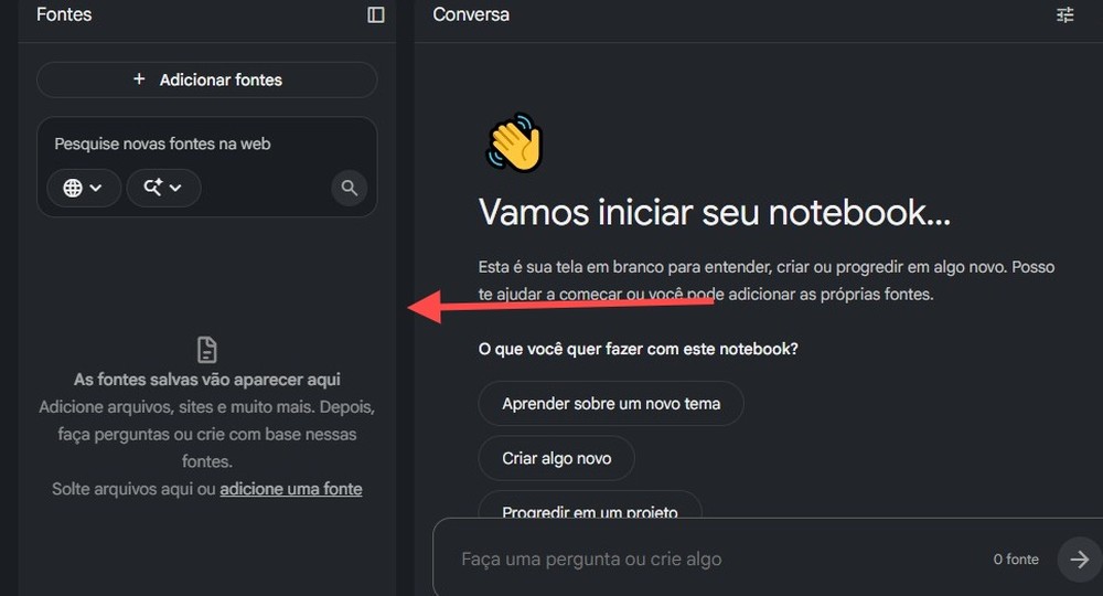 Para adicionar um PDF no NotebookLM, basta arrastar ou anexar na aba de fontes — Foto: Diedrich Bader/TechTudo
