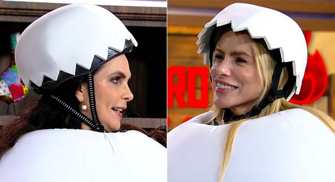 Luiza Ambiel e Erika Schneider entram no clima de A Fazenda 18 e se vestem de ovo no Hoje em Dia