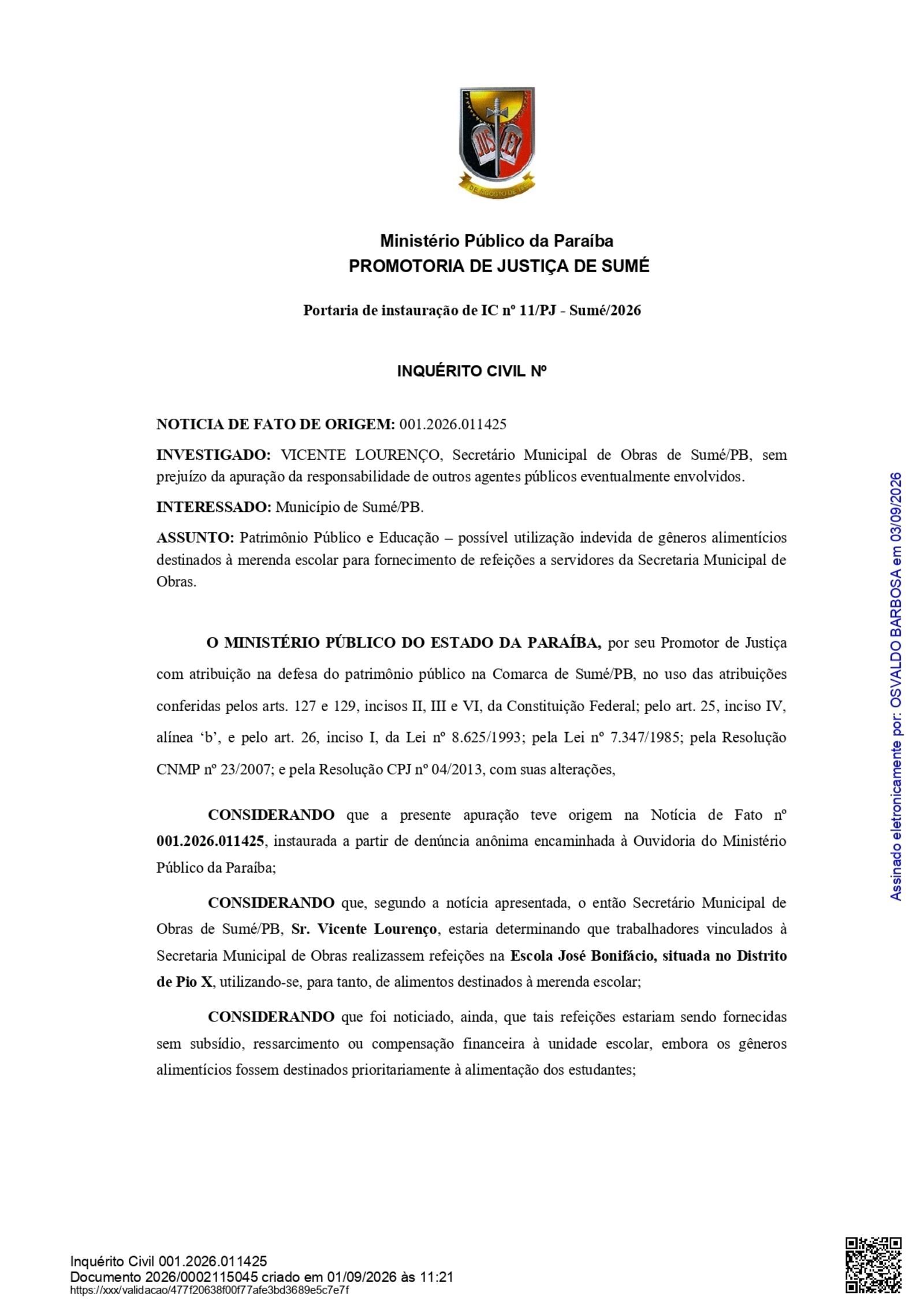 Imagem da matéria: MP investiga possível desvio de merenda escolar para alimentação de trabalhadores em Prefeitura da PB