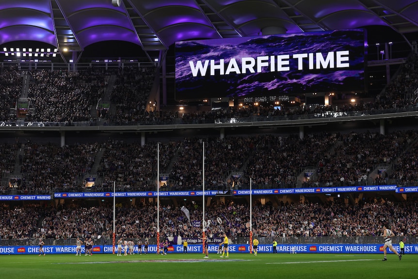 A dark stadium is lit in a purple haze as the words Wharfie Time come up on the big screen.