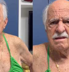 Ary Fontoura, 93 anos, fez uma brincadeira nas redes sociais ao aparecer usando um biquíni na cor verde neon Foto: Reprodução/Instagram/@aryfontoura