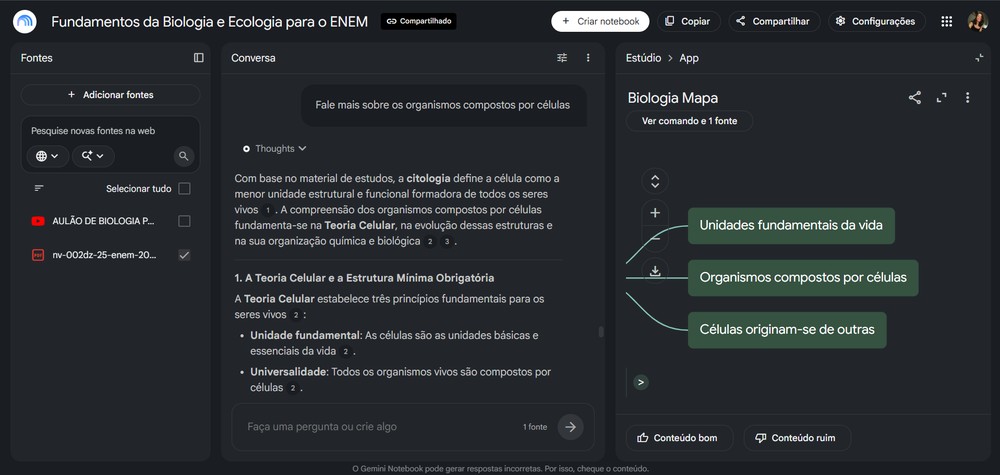 NotebookLM pode ser um apoio para os estudos, mas não a fonte principal para adquirir conhecimento — Foto: Reprodução/Erika Martins