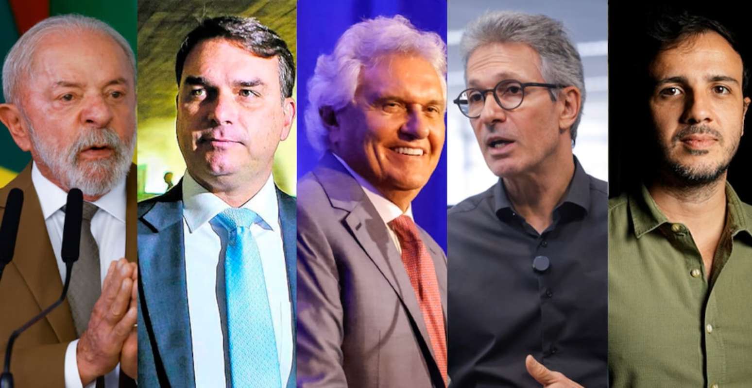 Lula (PT), Fl&aacute;vio Bolsonaro (PL), Ronaldo Caiado (PSD), Romeu Zema (Novo) e Renan Santos (Miss&atilde;o), pr&eacute;-candidatos &agrave; Presid&ecirc;ncia da Rep&uacute;blica Foto: Wilton Junior/Tiago Queiroz/Cau&ecirc; Del Valle/Divulga&ccedil;&atilde;o MBL/Taba Benedicto