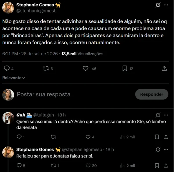 Stephanie Gomes diz que Jonatas Faro se assumiu bissexual em A Fazenda