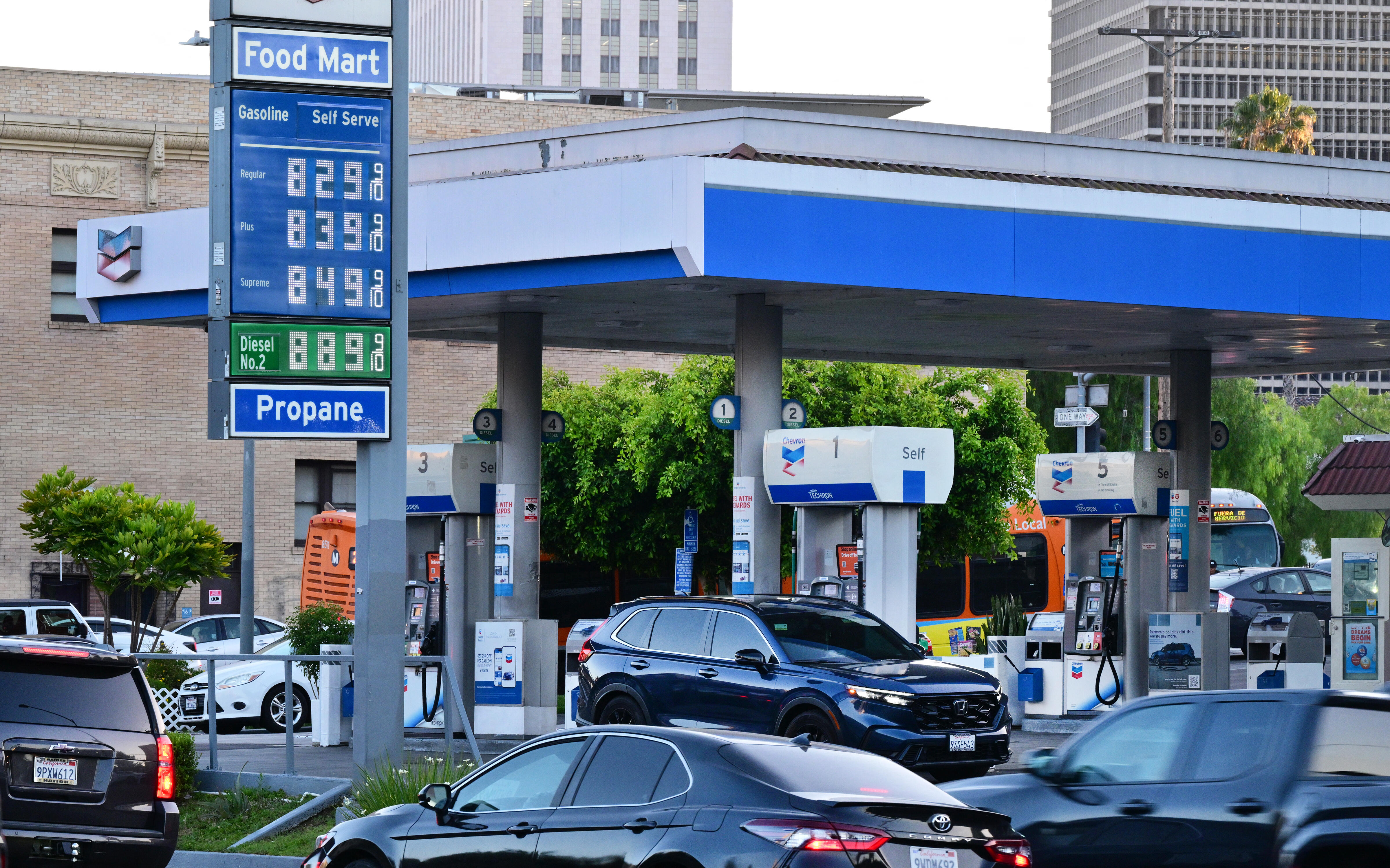 A gas station in california showing diesel prices over $8 per gallon.