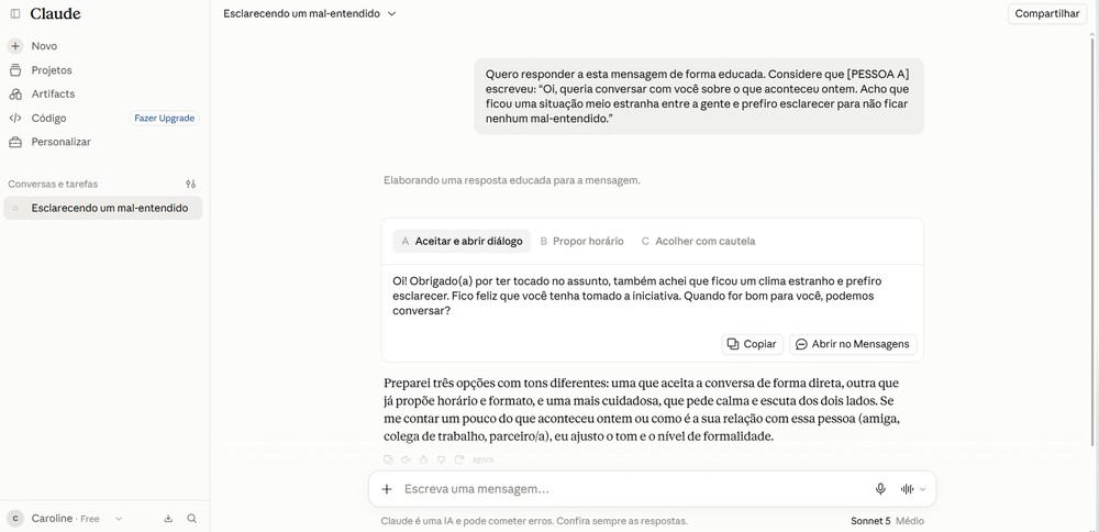 Conversas e documentos privados não devem ser enviados ao Claude sem anonimização — Foto: Reprodução/Caroline Silvestre