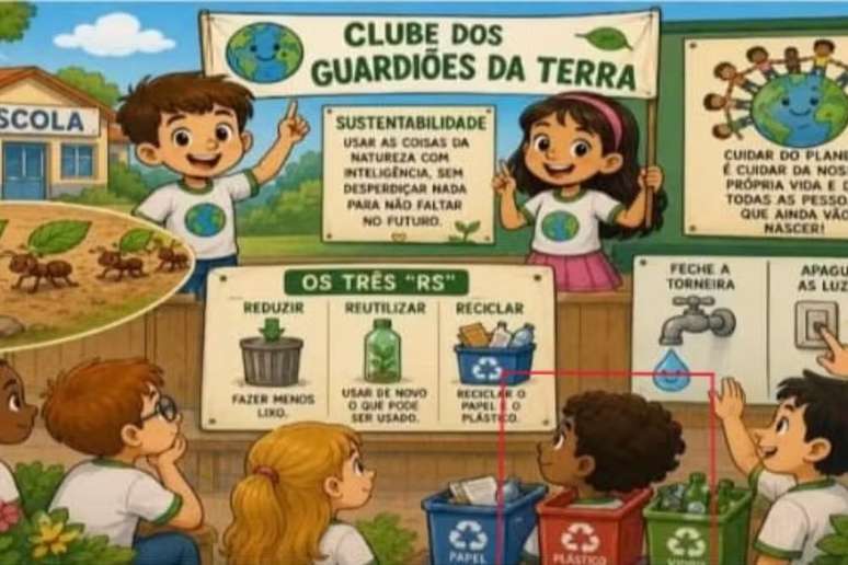 Atividade escolar traz ilustração de menino negro dentro de lixeira; material foi entregue na rede pública