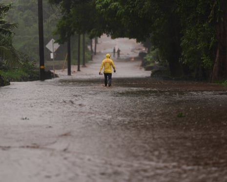a man wades through a flooded road lined with trees, searching for residents