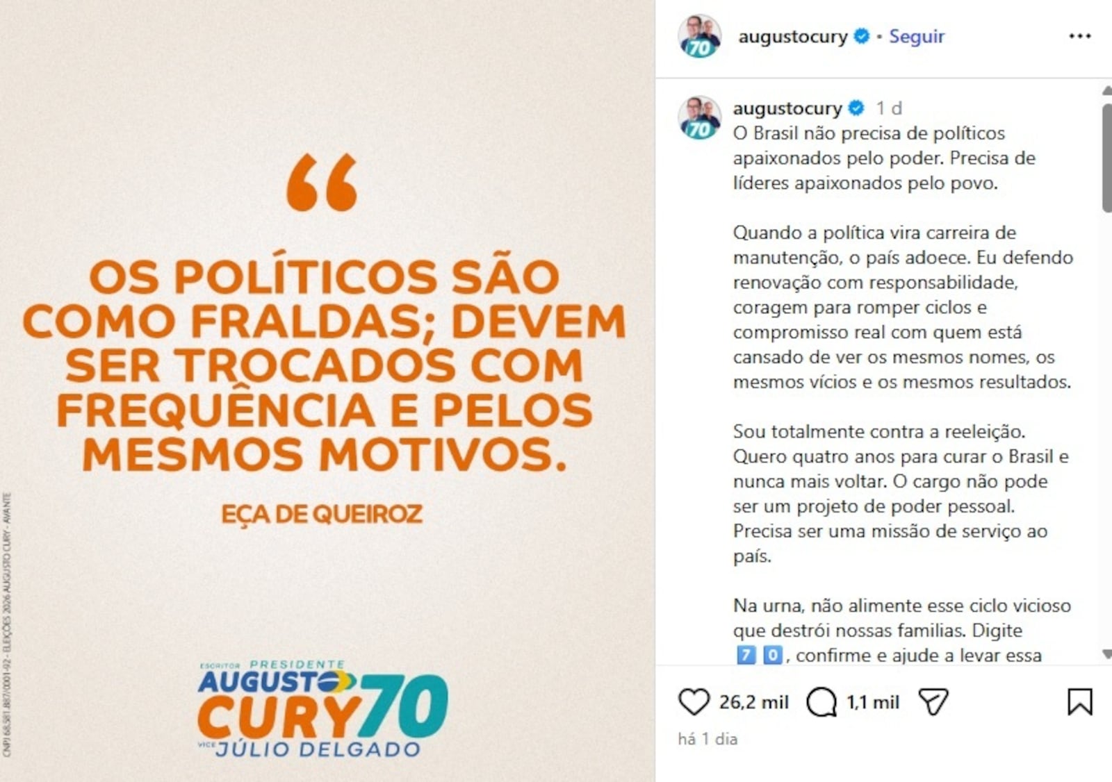 Imagem da matéria: Escritor, Augusto Cury derrapa nas redes e atribui frase de autoria imprecisa a Eça de Queiroz
