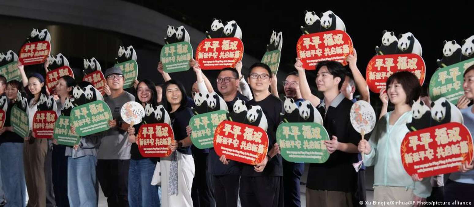 Uma cerim&ocirc;nia de despedida foi realizada antes da partida dos pandas-gigantes Ping Ping e Fu Shuang