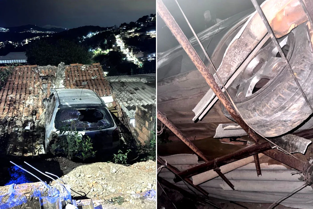 Carro fica suspenso após bater em muro de casa em BH