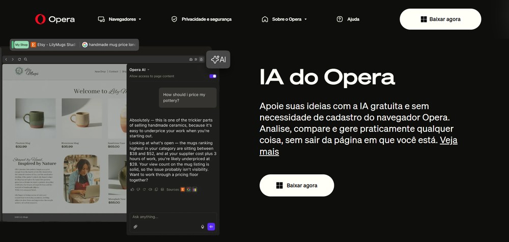 Aria é a IA integrada e exclusiva do Opera — Foto: Reprodução/Erika Martins (captura de tela da página do Opera)
