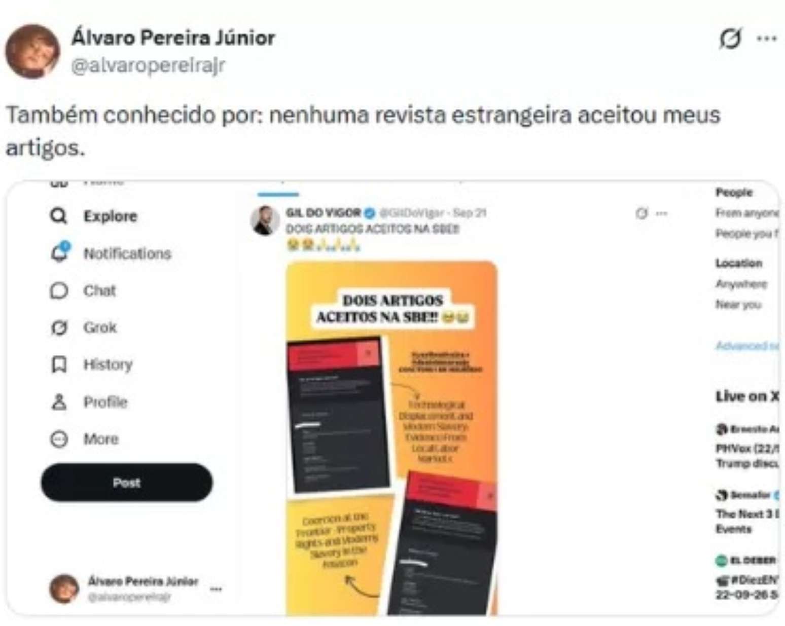 Comemoração de Gil motivou uma reação irônica de Álvaro no X