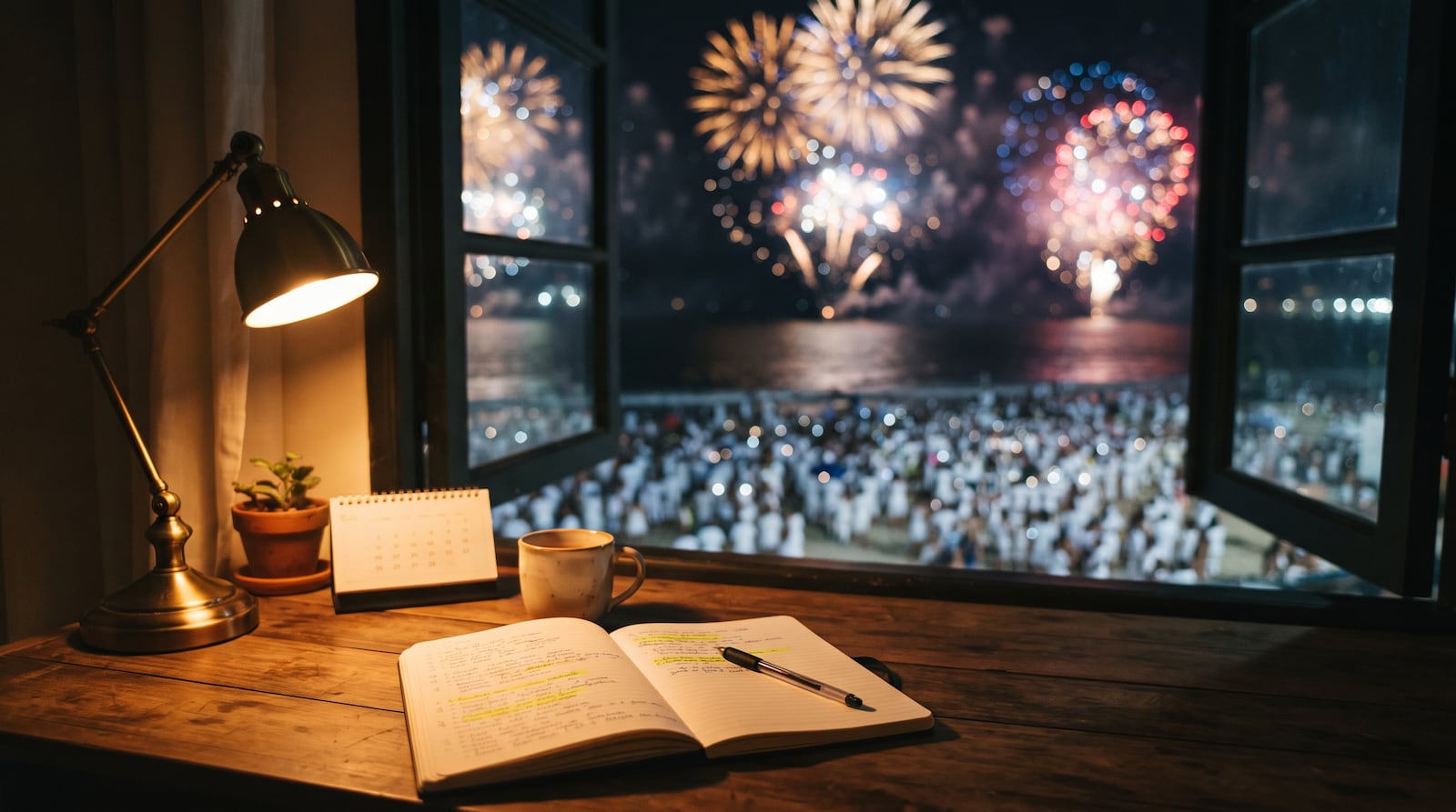 Mesa de estudos com os fogos da virada aparecendo pela janela