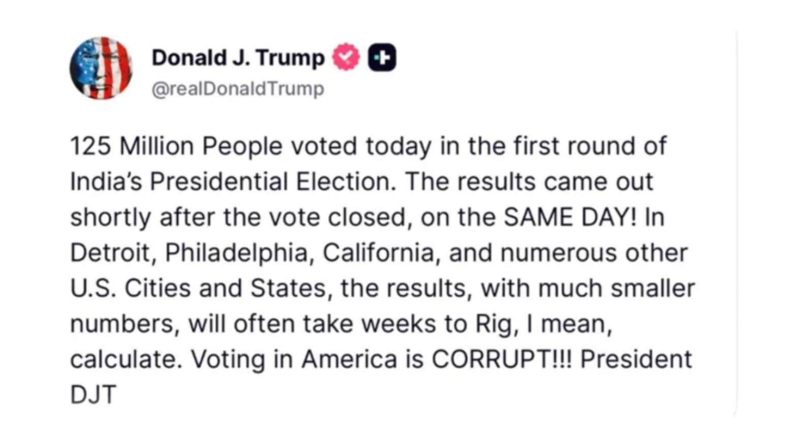Trump citou elei&ccedil;&otilde;es na &Iacute;ndia, que n&atilde;o realizou elei&ccedil;&atilde;o neste domingo, 4. Ele se referia &agrave;s elei&ccedil;&otilde;es no Brasil, e depois modificou o post.