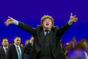 O presidente argentino Javier Milei participa da convenção nacional do Partido Liberal (PL) na Mercado Livre Arena Pacaembu, em São Paulo, Brasil, em 25 de julho de 2026