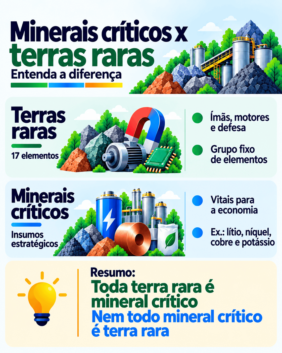 Diferenças entre minerais críticos e terras raras.