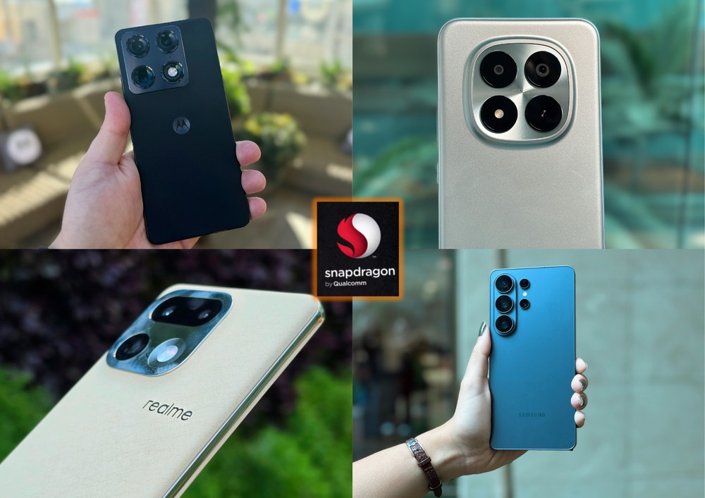 Lista reúne celulares com processador Snapdragon, da Qualcomm; na foto, Motorola Signature, Xiaomi Redmi Note 15, realme 16 Pro+ e Galaxy S26 Ultra — Foto: Arte/TechTudo