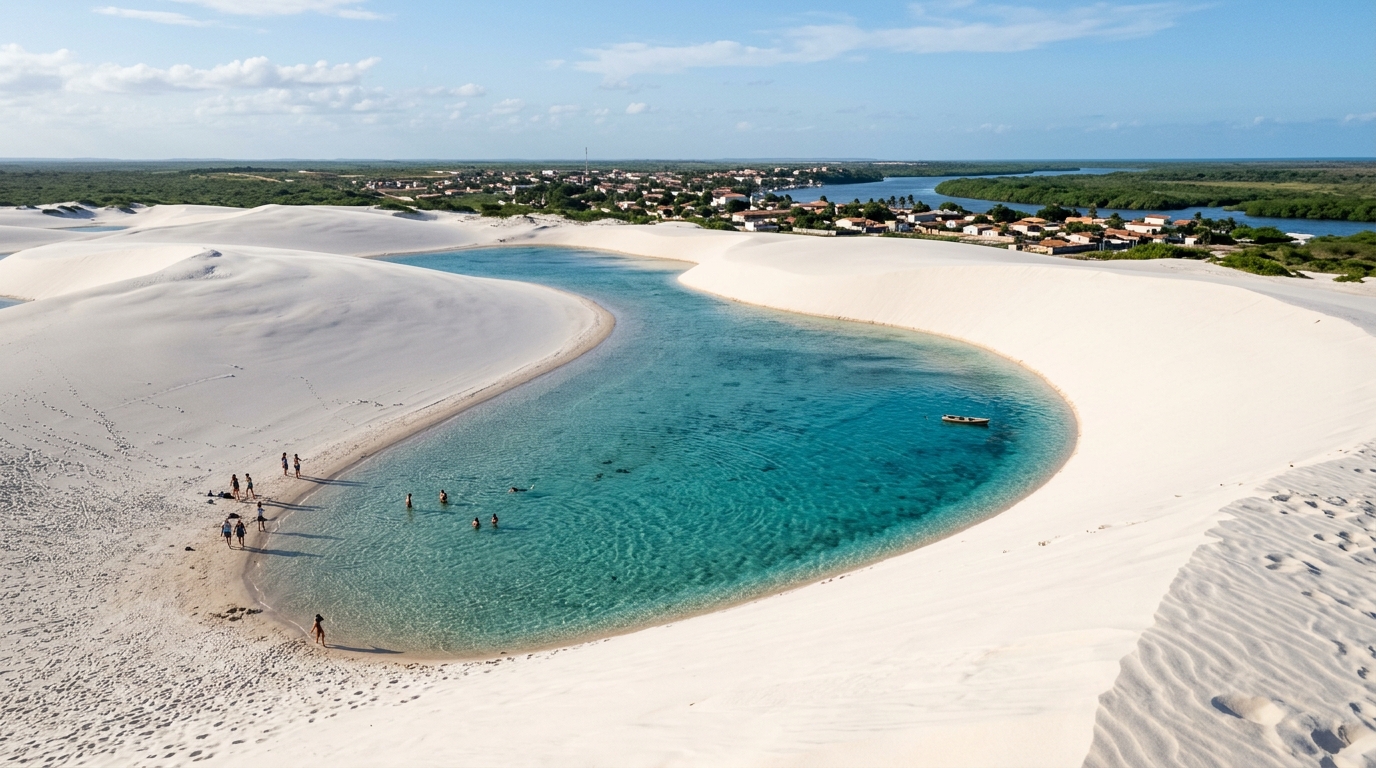 Entre dunas brancas que se enchem de lagoas depois das chuvas, uma pequena cidade virou porta de entrada para travessias, passeios 4×4 e turismo de aventura