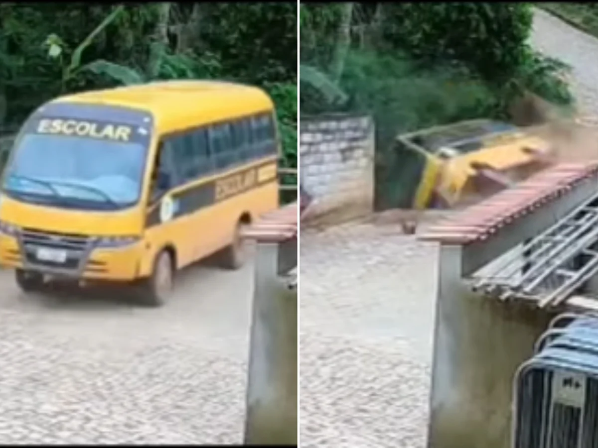 Ônibus escolar despenca de barranco e cai em rio em MG; motorista se feriu
