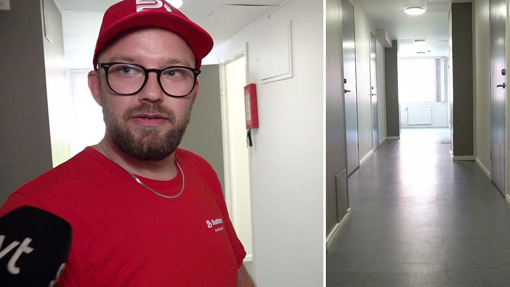 Studentkorridor i Umeå och en man i röd tröja i förgrunden.