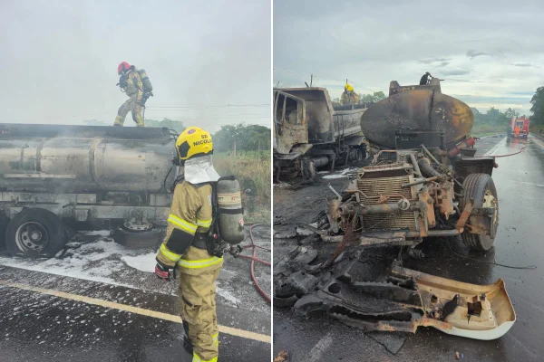 Caminhões batem de frente e pegam fogo na BR-497, em Uberlândia